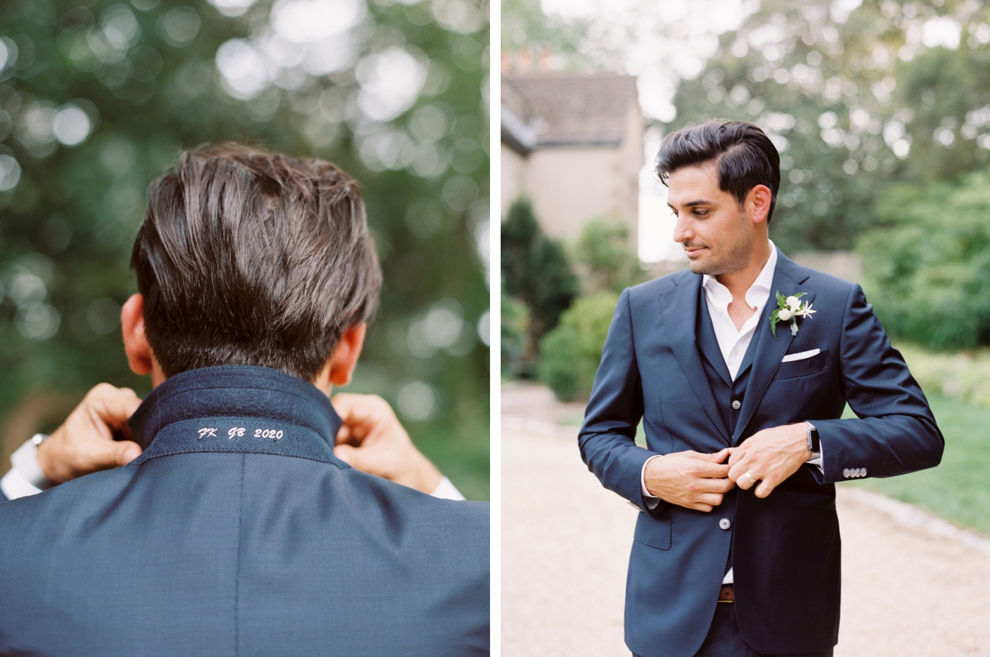 Groom in a custom suit with wedding date embroidered on collar