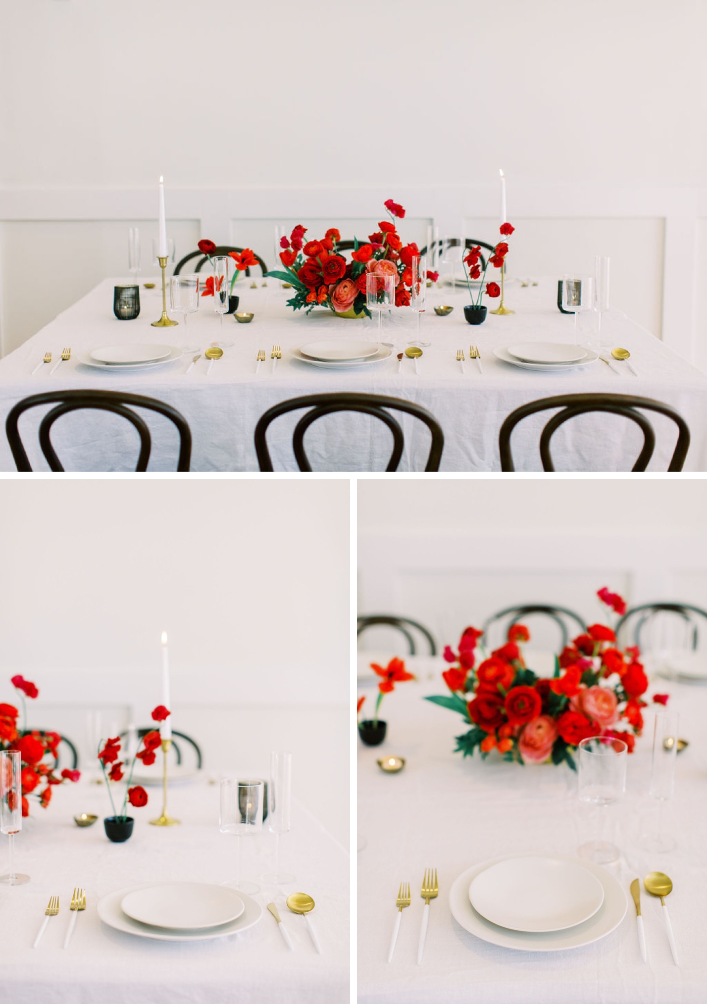 Red floral centerpieces with black and white accents
